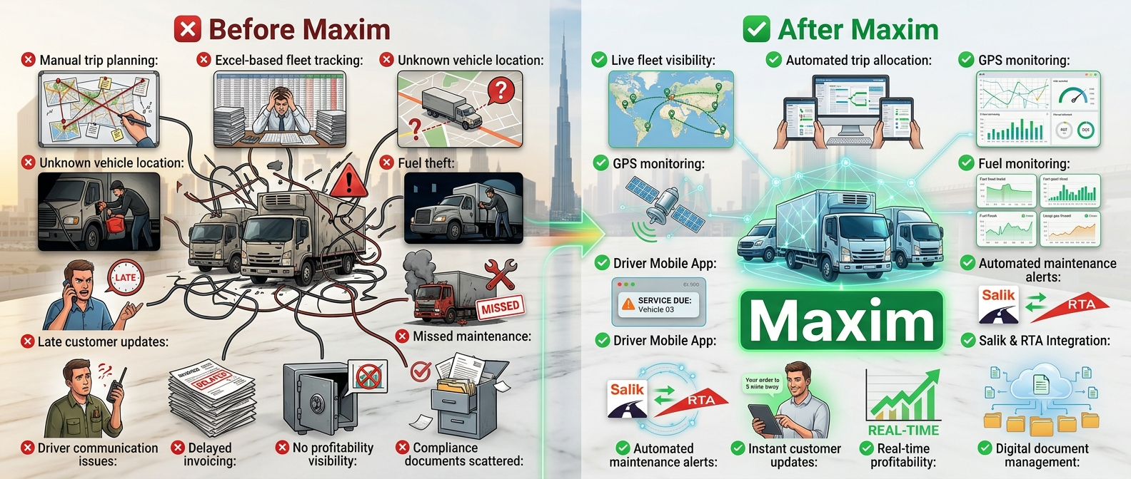 Before and after using Maxim Fleet ERP